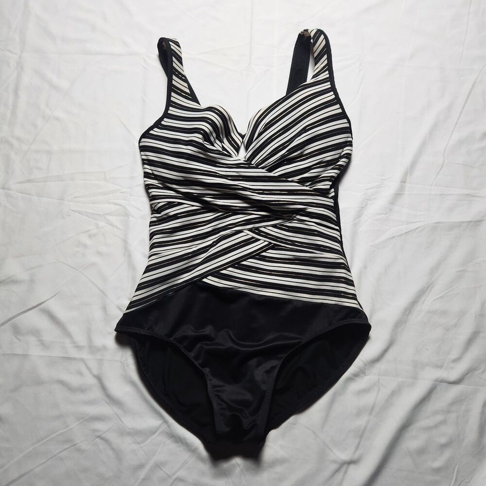 Miraclesuit Womens 14 Gilt Trip Layered Escape One Piece Stripe Print Black